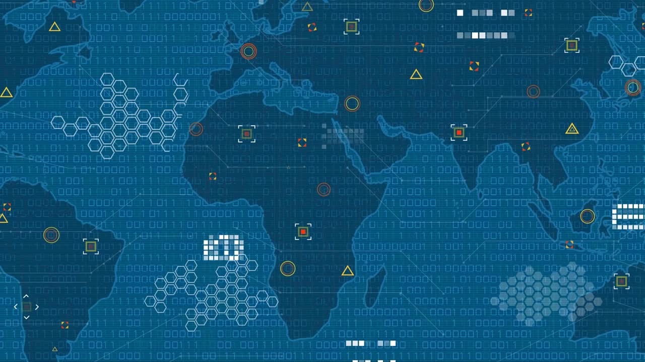 Animation of data processing over world map on blue background