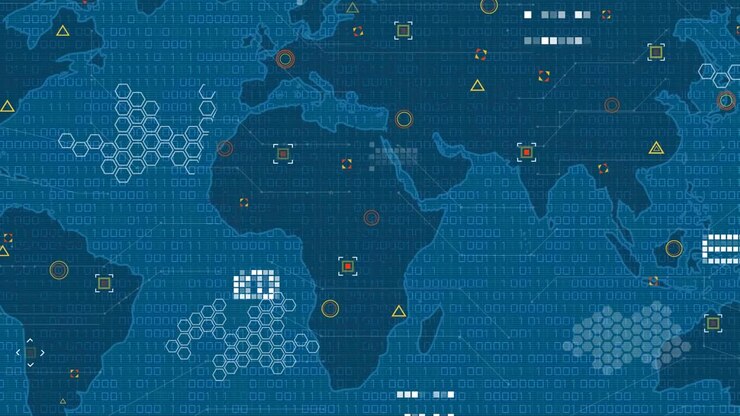 Animation of data processing over world map on blue background