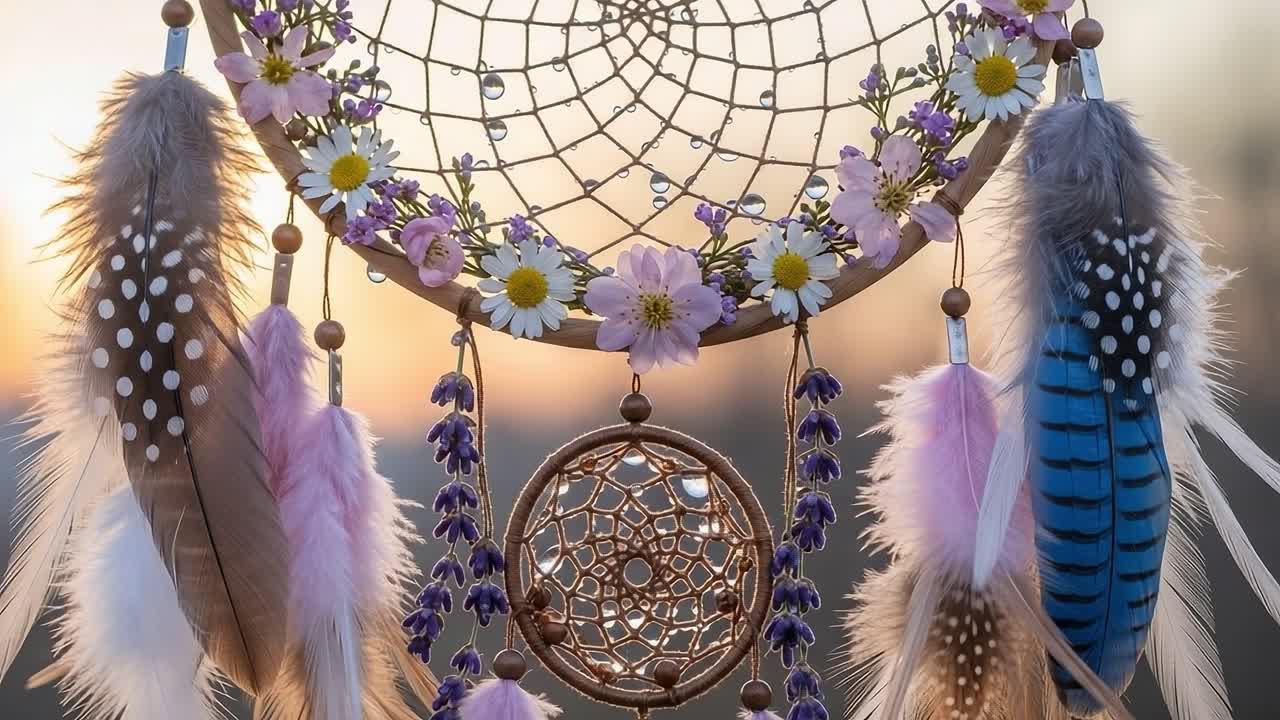 Captivating Dreamcatcher Adorned with Flowers and Feathers, Capturing the Golden Glow of Sunset Beauty in Two Frames of Enchantment