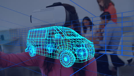 Animation-of-digital-3d-drawing-of-car-over-woman-using-vr-headset