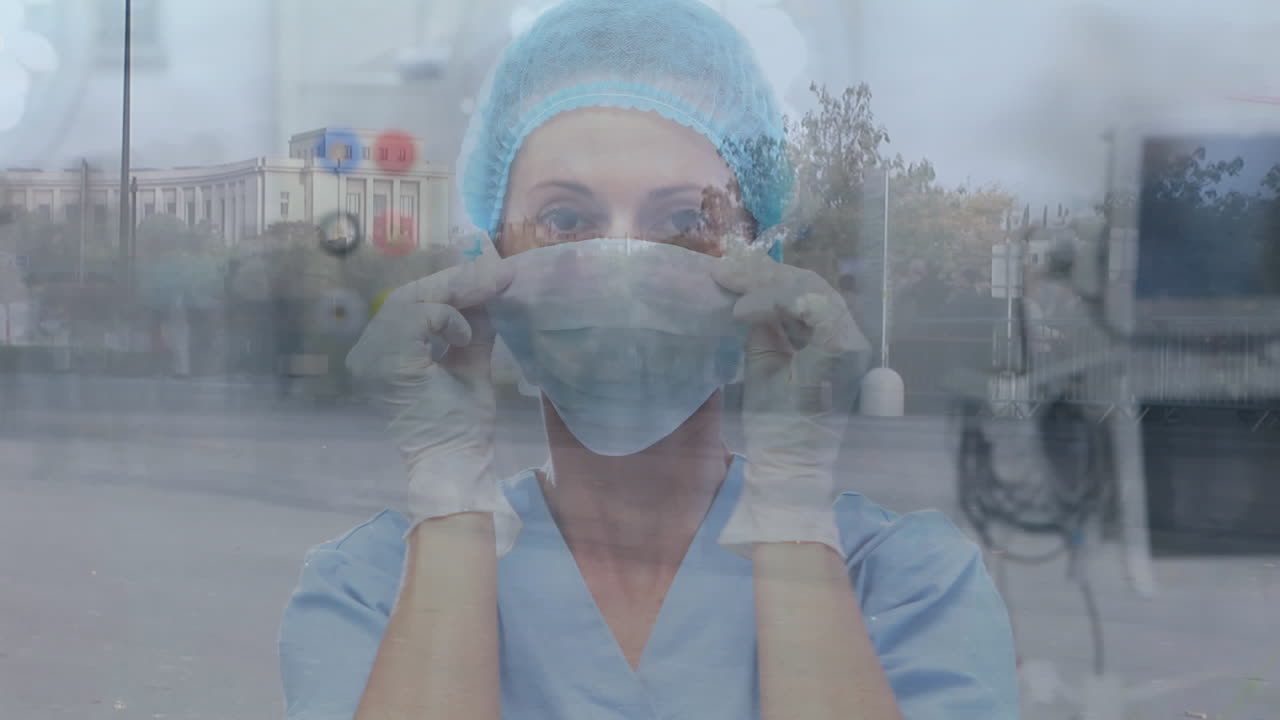 Animazione di un medico che indossa una mascherina, con persone per strada sullo sfondo.