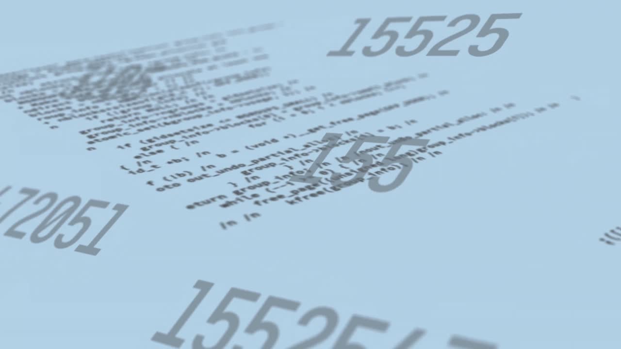 Digital animation of multiple changing numbers against data processing on blue background