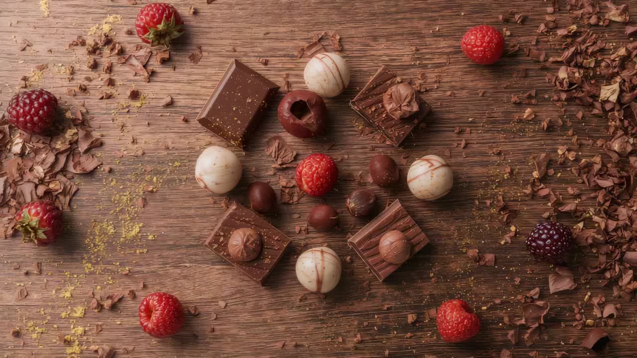 Pushing camera slowly tightening focus on wooden board, highlighting truffles, berries, golden dust