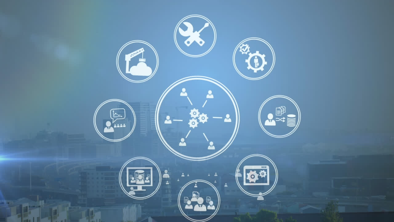 도시 풍경의 공중 시야에 대해 회전하는 디지털 아이콘과 파란 빛의 점의 애니메이션