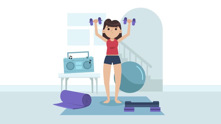 Mujer haciendo ejercicio en casa con mancuernas, esterilla de yoga y balón de ejercicio