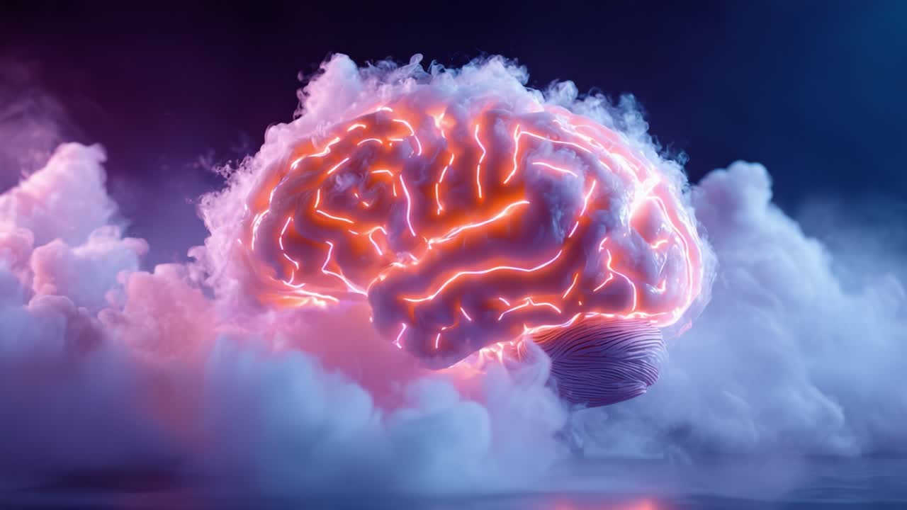 A Surreal Representation of the Human Brain Surrounded by Ethereal Clouds, Emphasizing Neural Connections and Vibrant Energy Patterns in a Dreamlike Environment