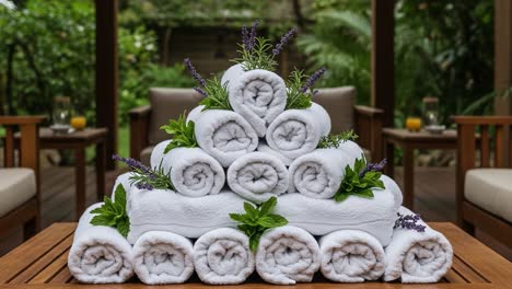 elegant towel arrangement with lavender and mint garnishes in a serene outdoor setting, perfect for a relaxing spa experience or luxurious home decor