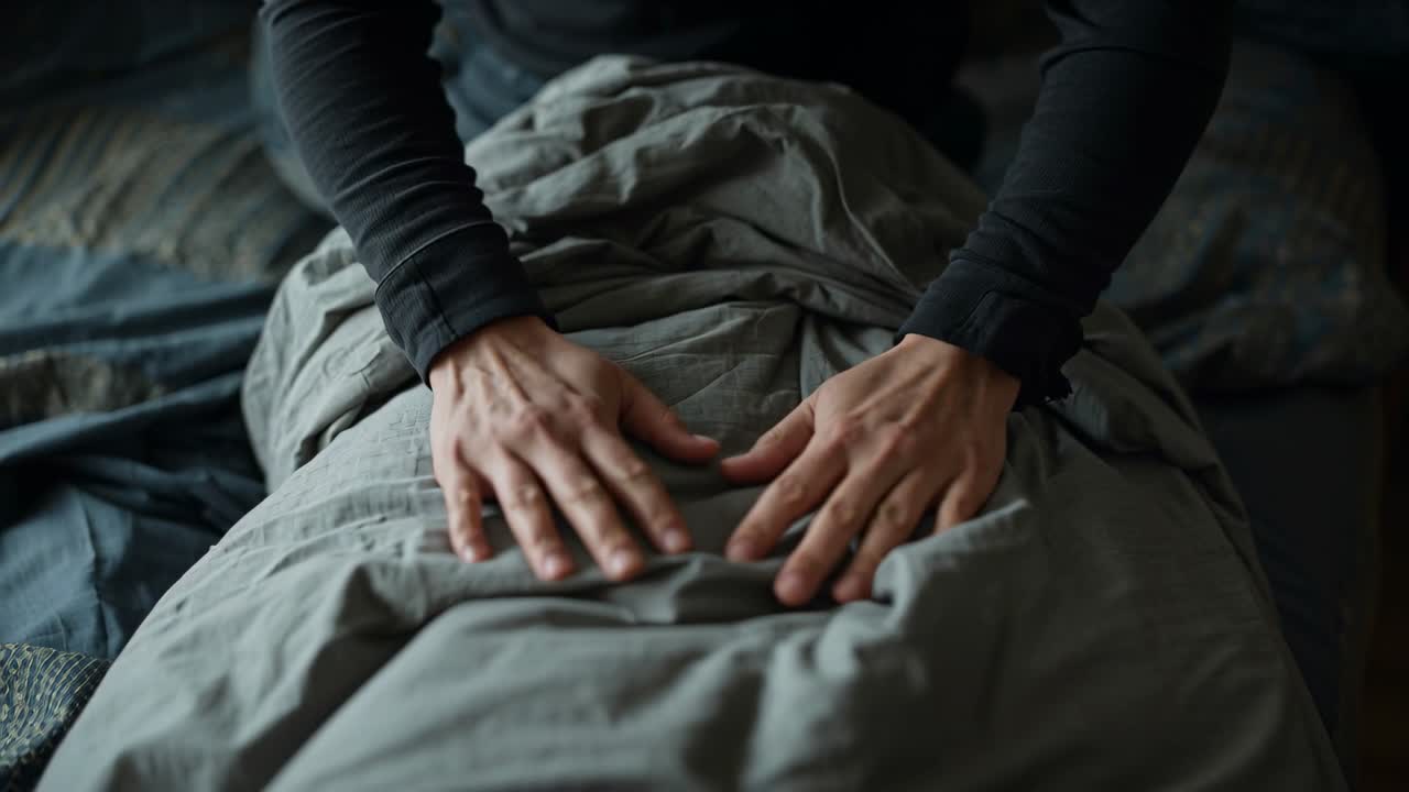 Uomo seduto con una maglia scura a maniche lunghe che liscia il piumone per appianare le pieghe all'altezza della testata del letto