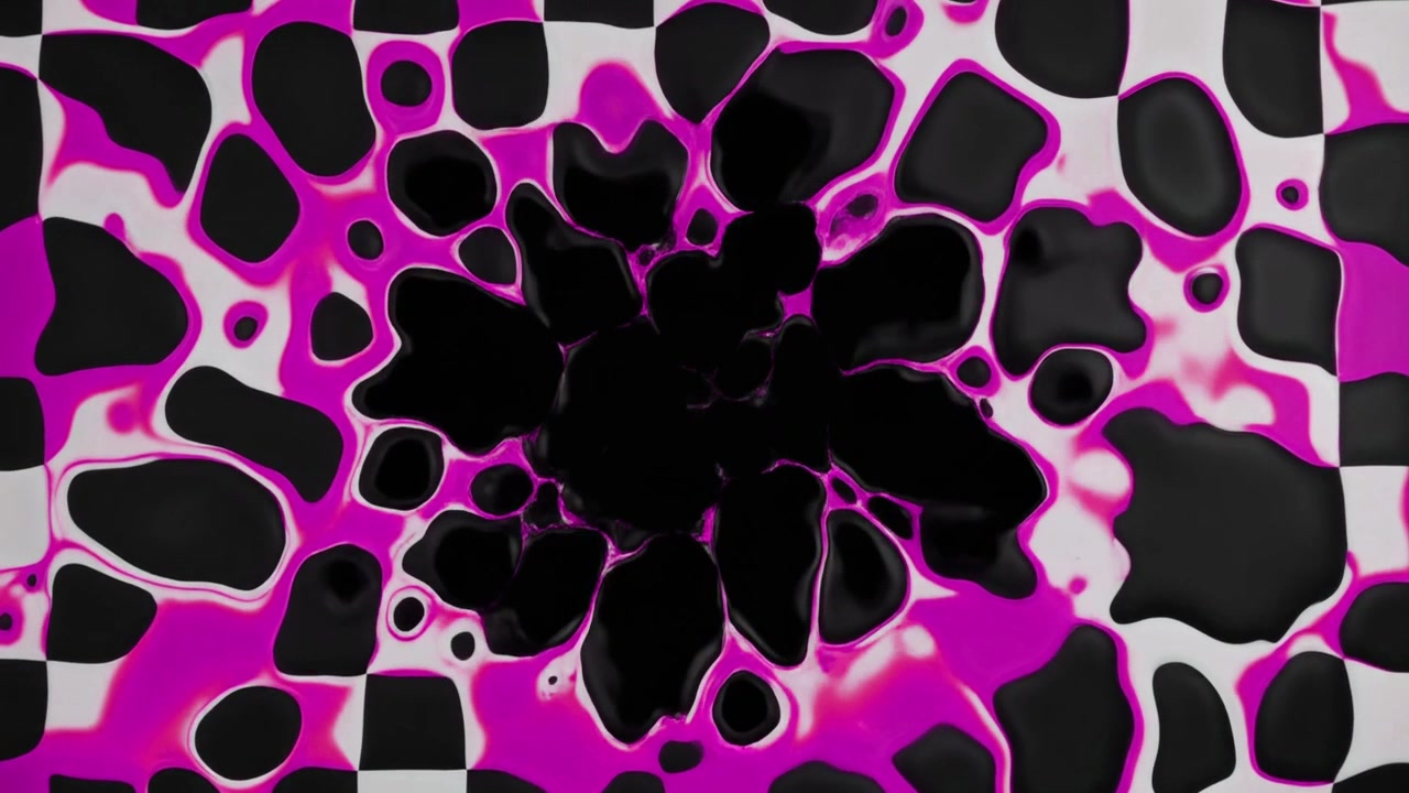 Abstract Animation of Black and Pink Liquid Bubbles on Checkerboard