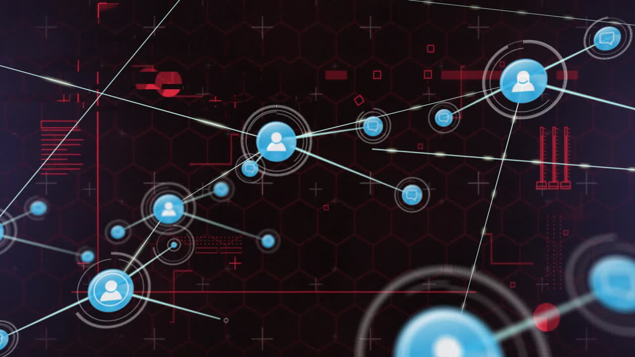 Animation of network of connections with people icons over black background
