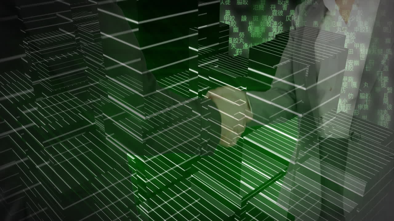 3d city model spinning against mid section of businessman and businesswoman shaking hands