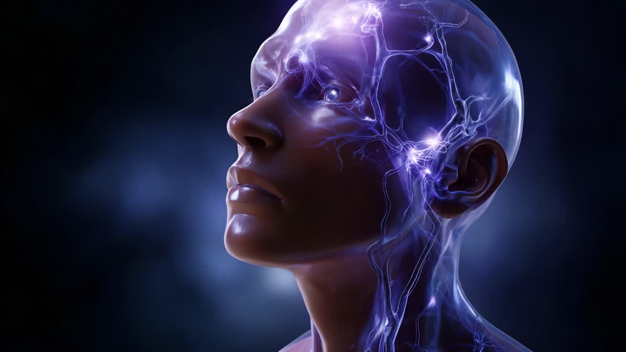 Una rappresentazione stilizzata e ipnotica di una testa umana, illuminata da eteree correnti elettriche viola, che simboleggia la convergenza tra tecnologia e umanità
