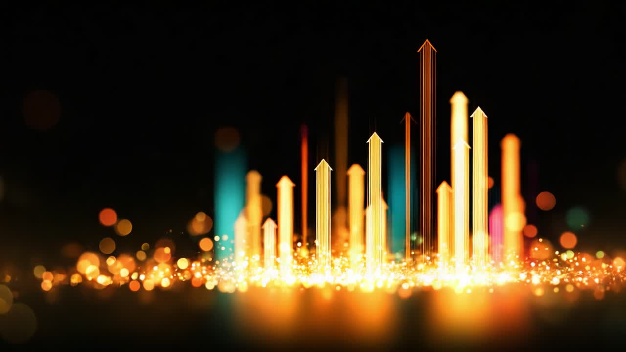 Dynamic Growth Visualization with Colorful Arrows and Glowing Particles Showcasing Rising Data Trends, Financial Insights and Progress in an Energetic Abstract Style