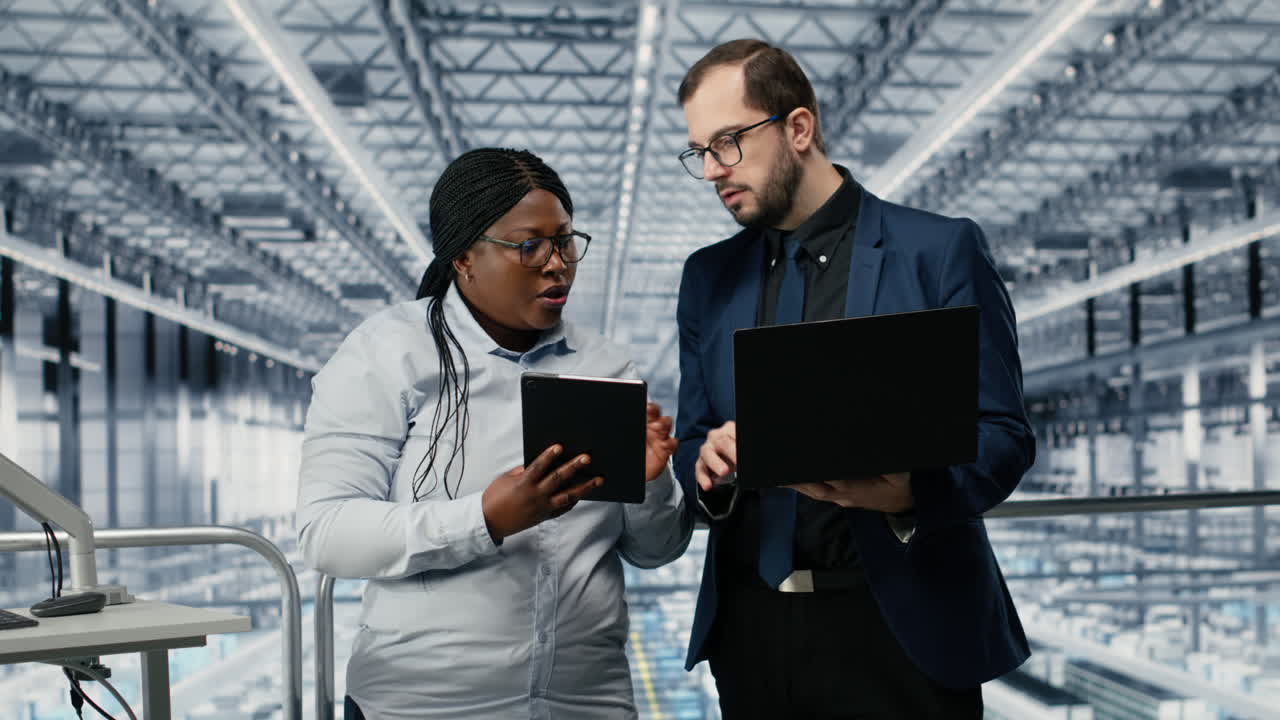 Businesspeople in microelectronics smart factory develop technology roadmaps