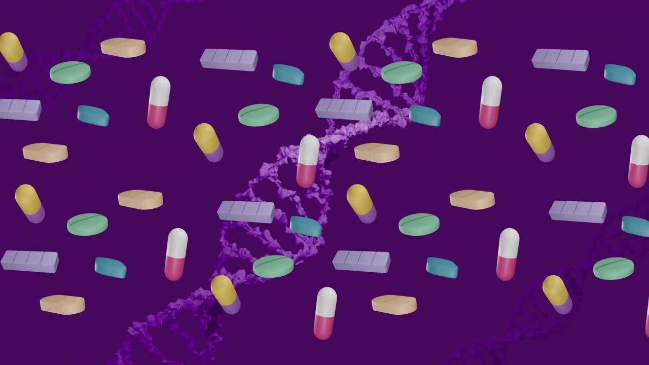 보라색 배경에 떠다니는 알약과 dna 가닥의 애니메이션