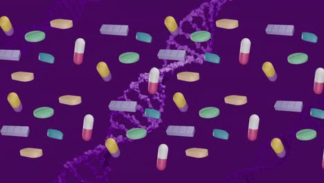 Animation-of-floating-pills-and-dna-strand-on-purple-background