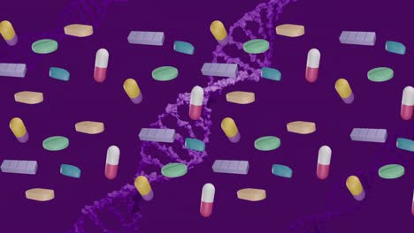 animación de pastillas flotantes y cadena de adn en fondo púrpura
