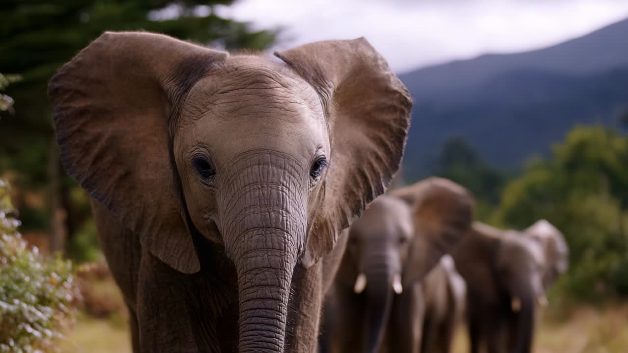 A Majestic Family of Elephants in Nature: Capturing the Beauty and Grace of These Incredible Creatures as They Roam Freely in Their Natural Habitat Against a Stunning Landscape Background