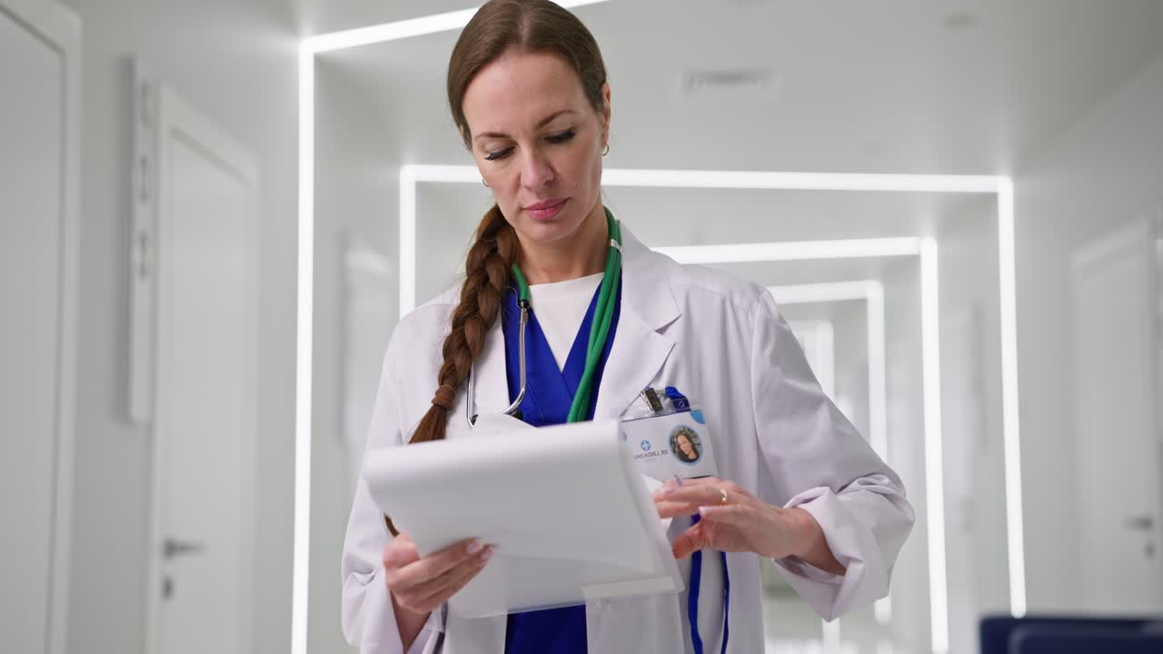Doctor reviewing medical records in hospital corridor