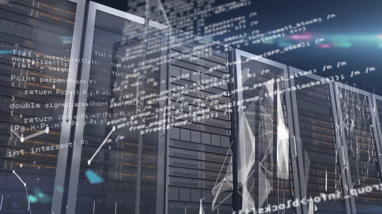 Animation of data processing and shapes over server room