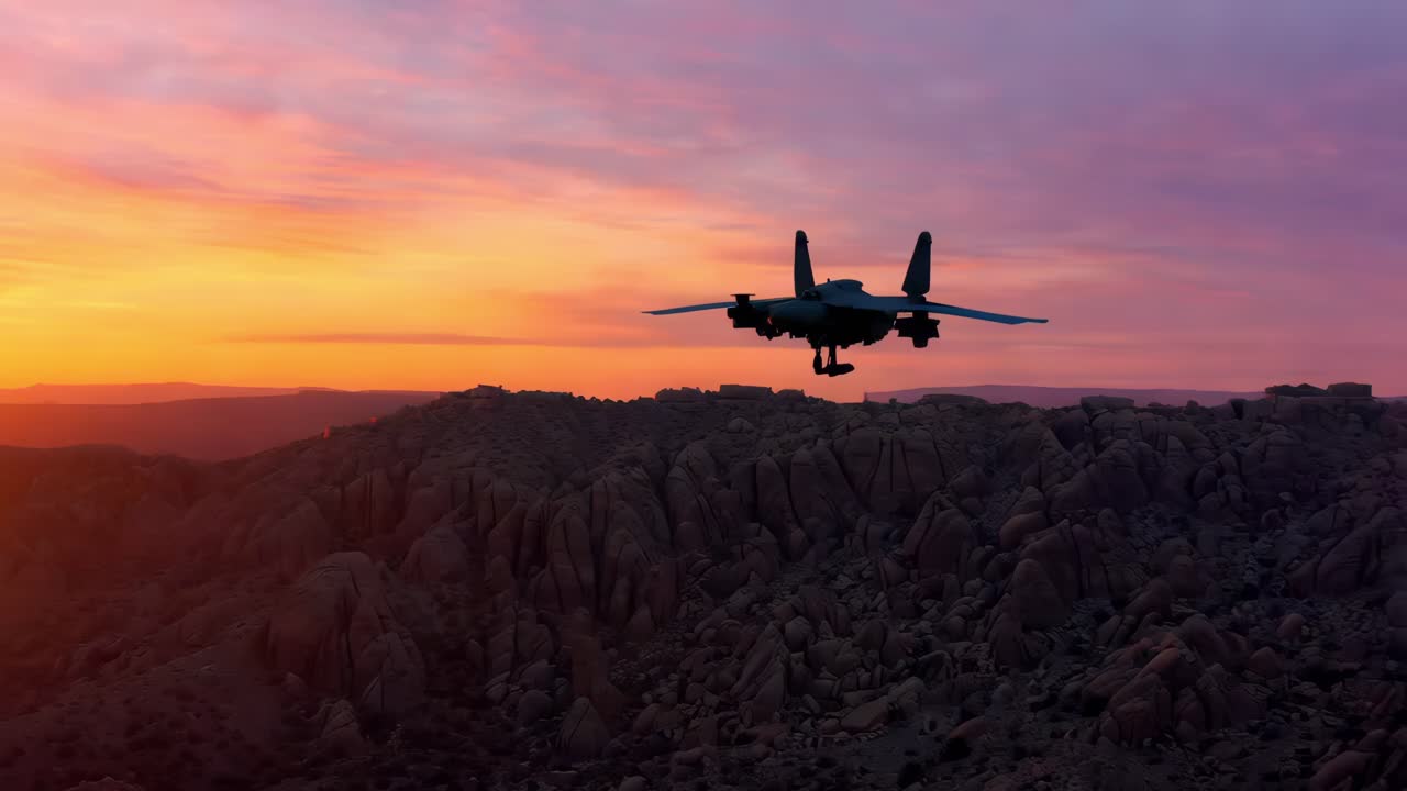 silueta de un avión militar al atardecer sobre las montañas