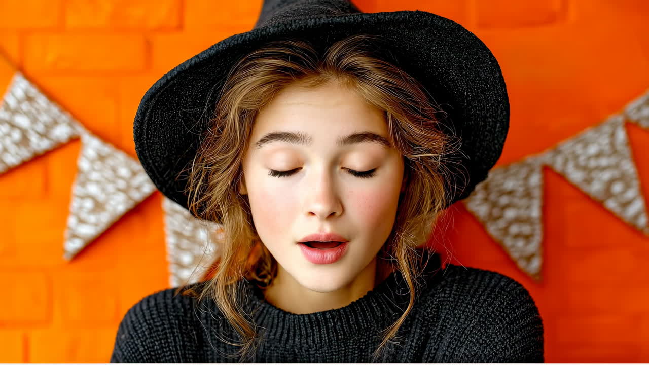 Girl with bright blue eyes. A surprised girl with blue eyes and light brown hair poses in front of an orange backdrop, wearing a black hat