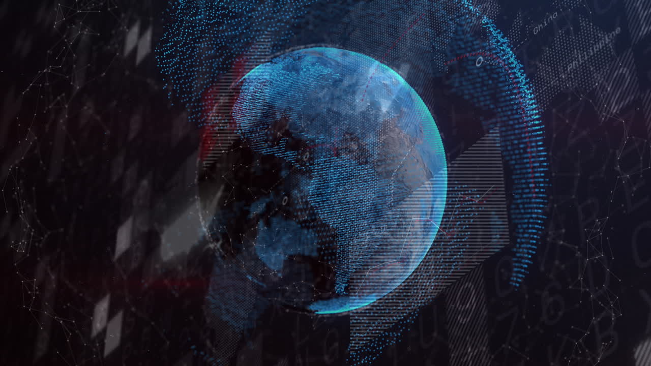 Animation of globe and financial data processing over black background