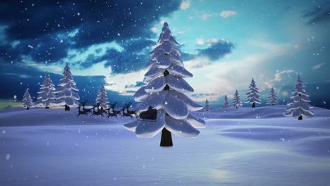 Animation-of-father-christmas-in-sleigh-silhouette-flying-over-snowy-winter-scenery