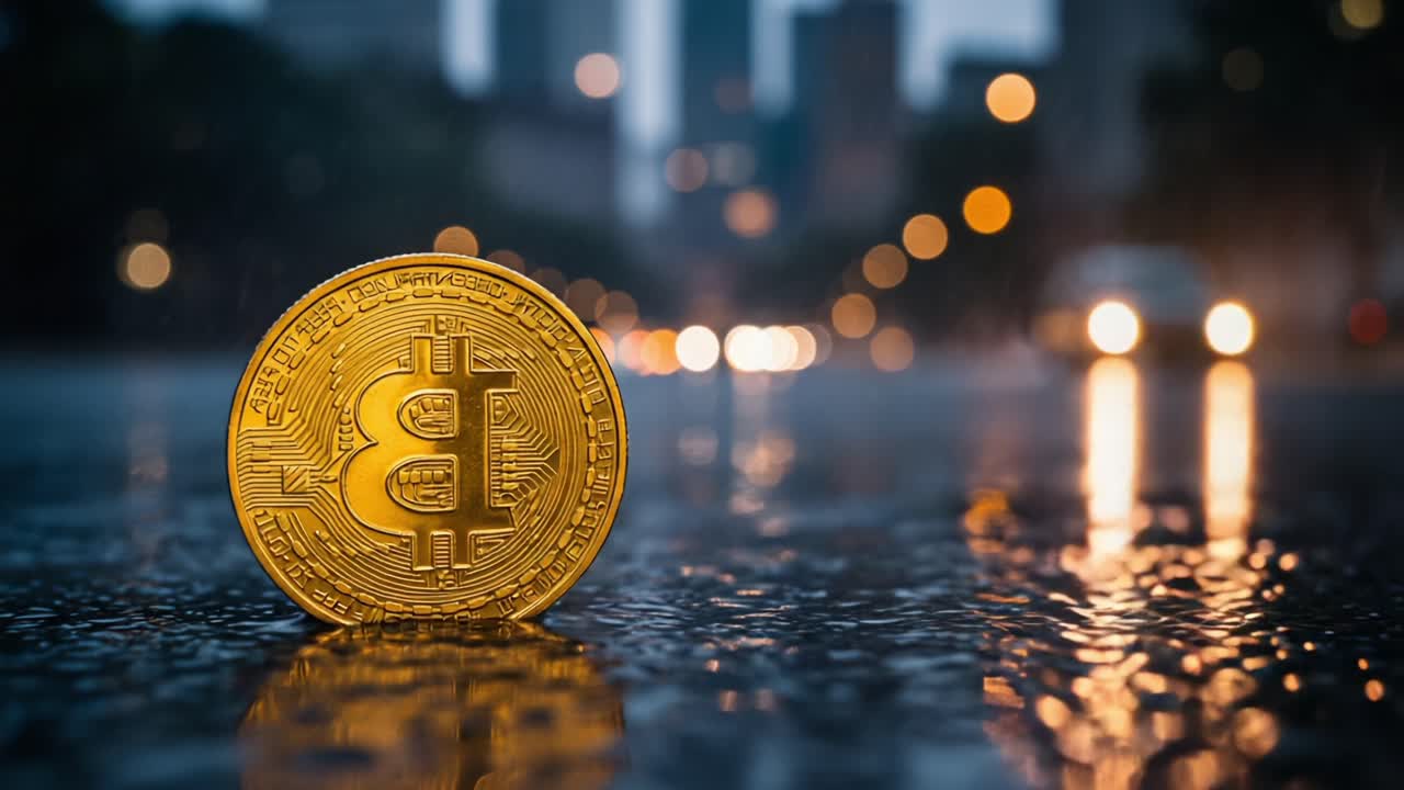 The Resilience of Cryptocurrency: A Glimmering Bitcoin Coin Against a Rainy Urban Backdrop, Symbolizing Hope and Future in Digital Finance