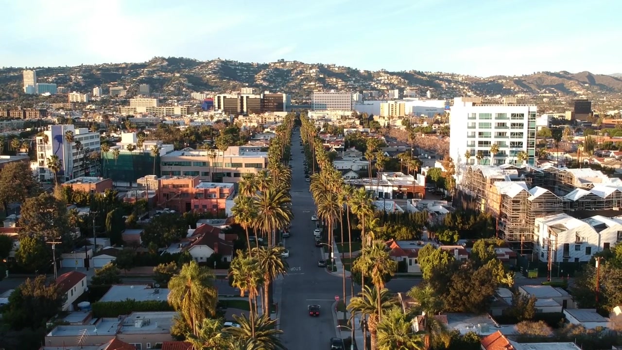 Calle bordeada de palmeras en Beverly Hills con Hollywood Hills de fondo en una tarde soleada y despejada