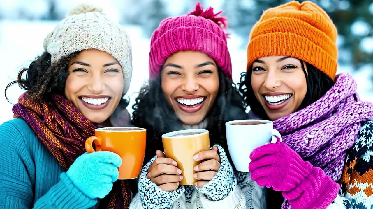 Three women holding cups of hot chocolate in the snow