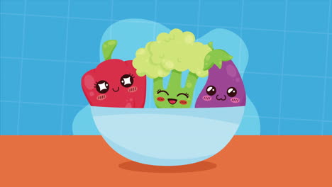 bowl with vegetables kawaii characters animation