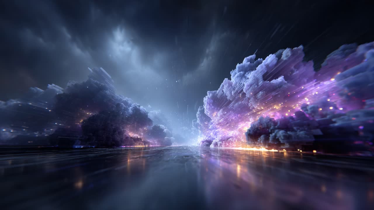 A mesmerizing journey through a surreal cosmic landscape, showcasing vibrant clouds and luminous colors that illuminate the path ahead in a dreamlike atmosphere