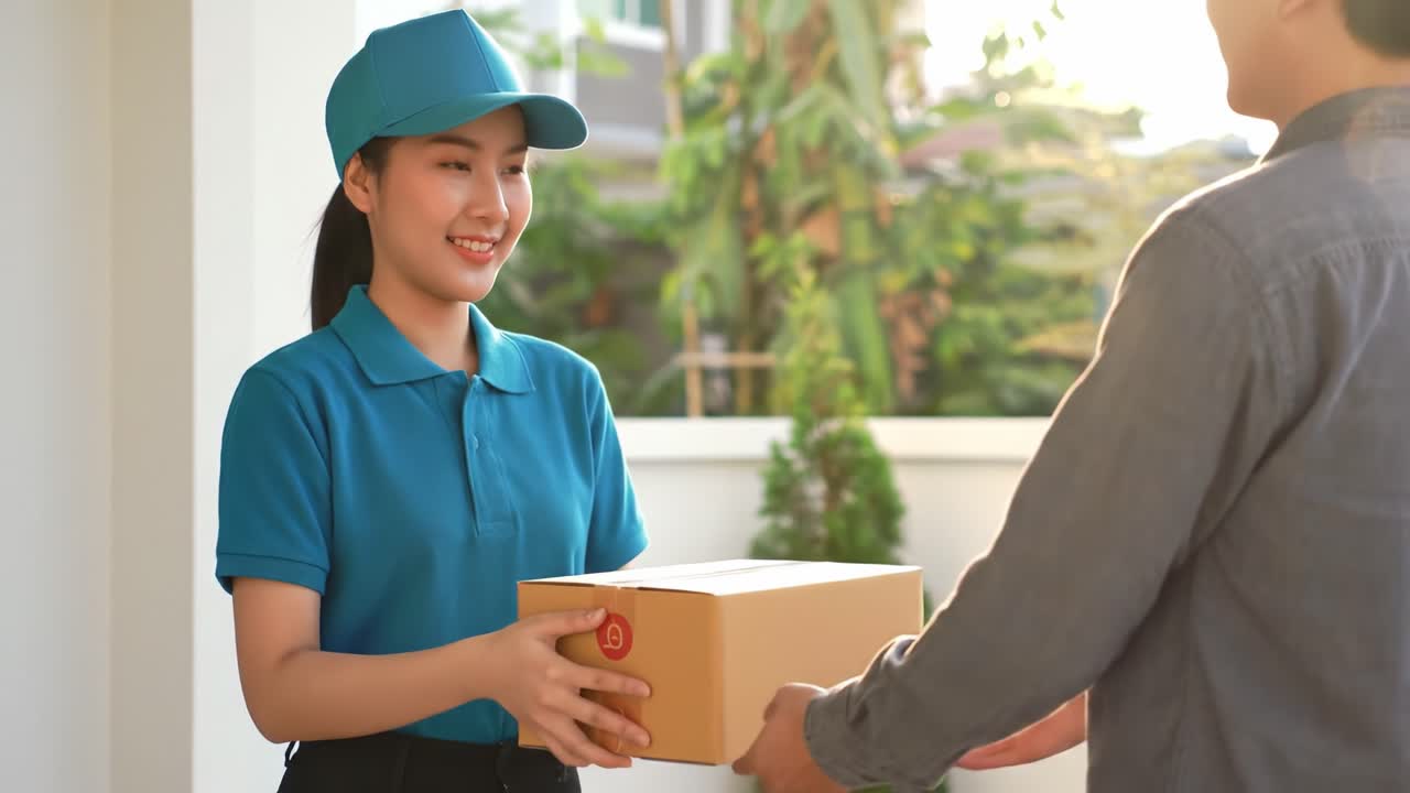 A delivery person in a blue uniform transfers a package to a happy recipient at a house. The interaction takes place outdoors in a sunny neighborhood with greenery.