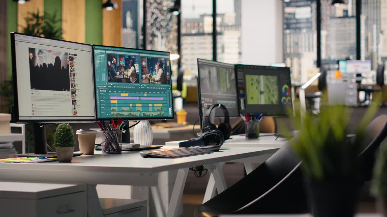 Ufficio vuoto, software di editing video, piattaforma di streaming, su doppio monitor