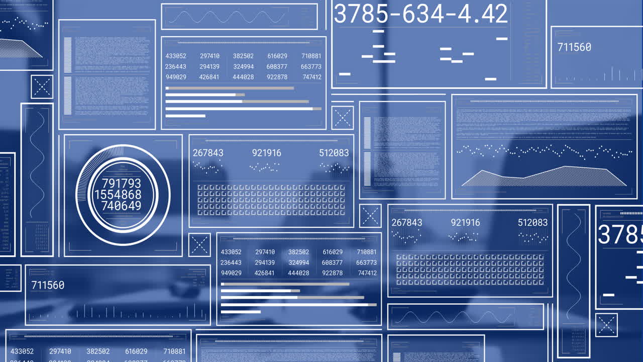 Animation of financial data processing over desk in office