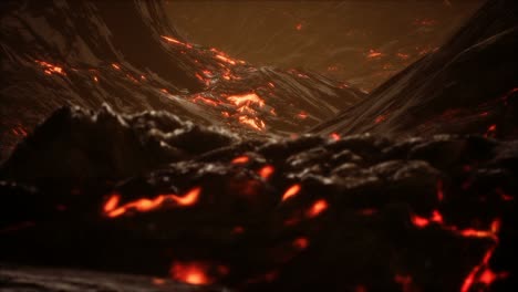 lava fundida roja y vibrante que fluye sobre un campo de lava gris y una tierra rocosa brillante