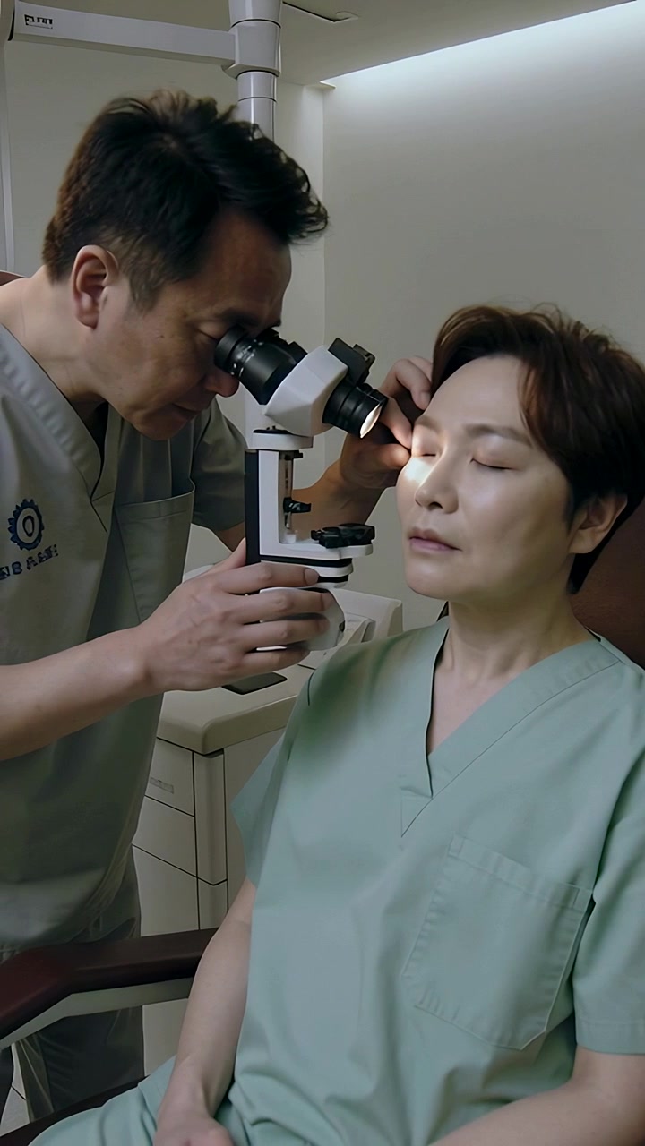 Vertical video: Moving slitlamp, Dr in scrubs checking right eye of woman in green for clinic exam