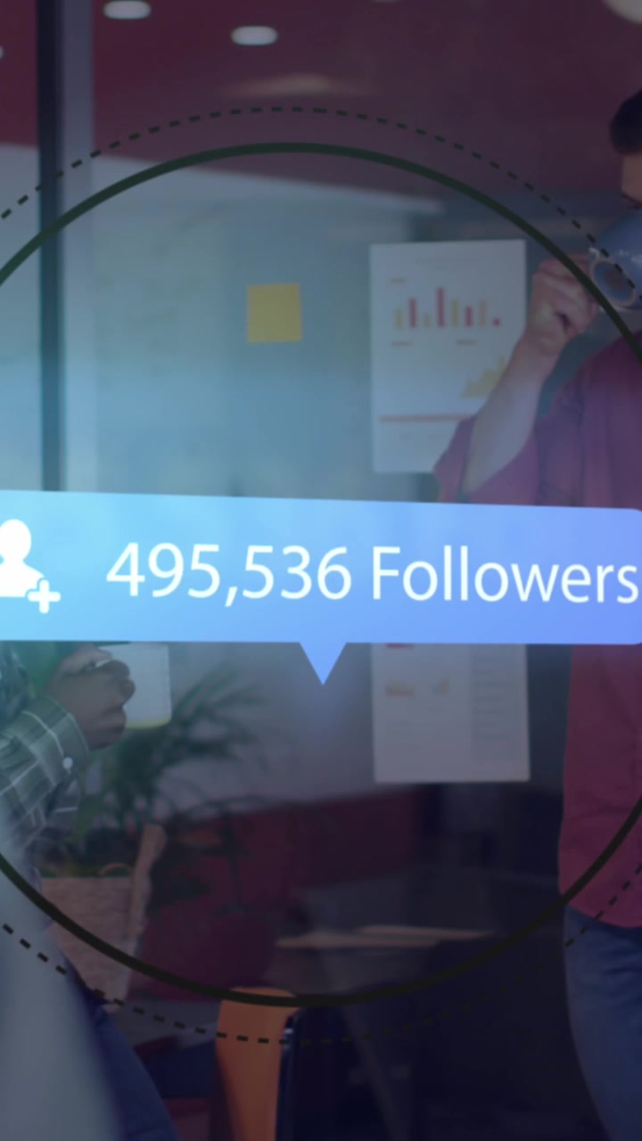 Animation of notification bar, numbers, followers text, diverse coworkers talking while drinking tea