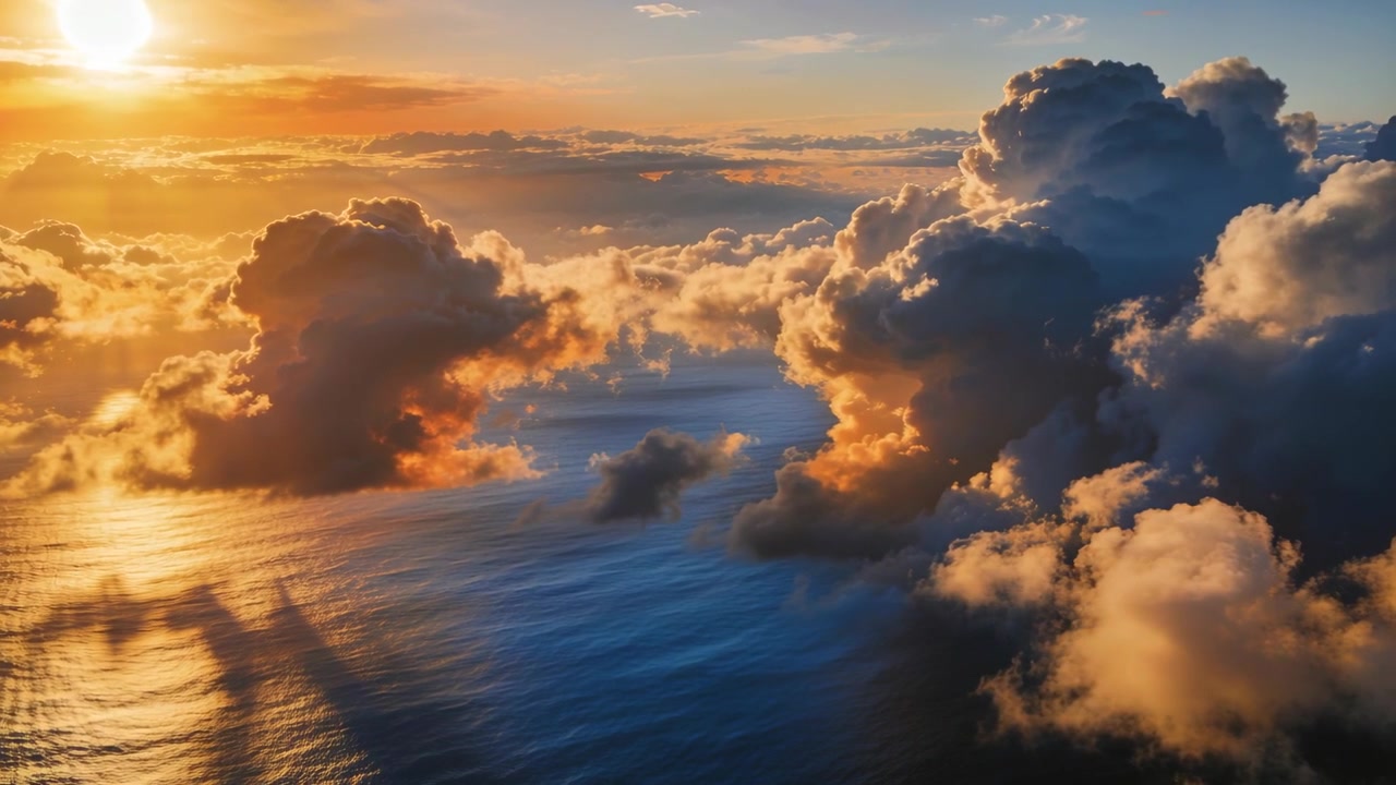 Un'imponente banco di nuvole cumuliformi alla deriva sulla destra si muove sull'oceano, con il sole che scende illuminando i bordi.