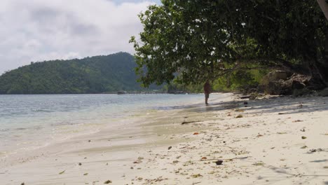 A lone figure stands under a large tree on a quiet beach on Kri Island, Raja Ampat. The camera captures a serene, wide-angle view of the sandy shoreline and calm sea, with lush hills in the background