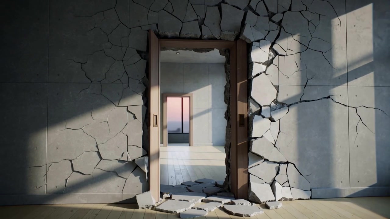 Cracking from right, wooden doorframe crumbling into rubble in room revealing balcony sunset