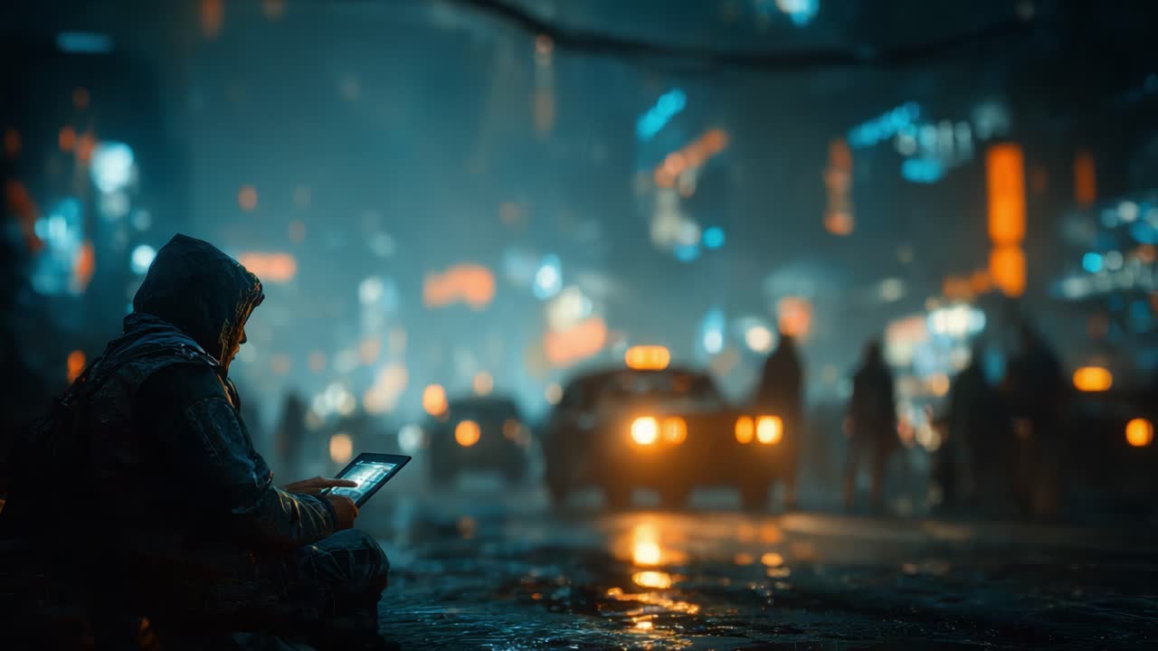 A solitary figure immersed in a digital world, illuminated by vibrant neon lights in a bustling urban setting, explores technology amidst a rainy night scene