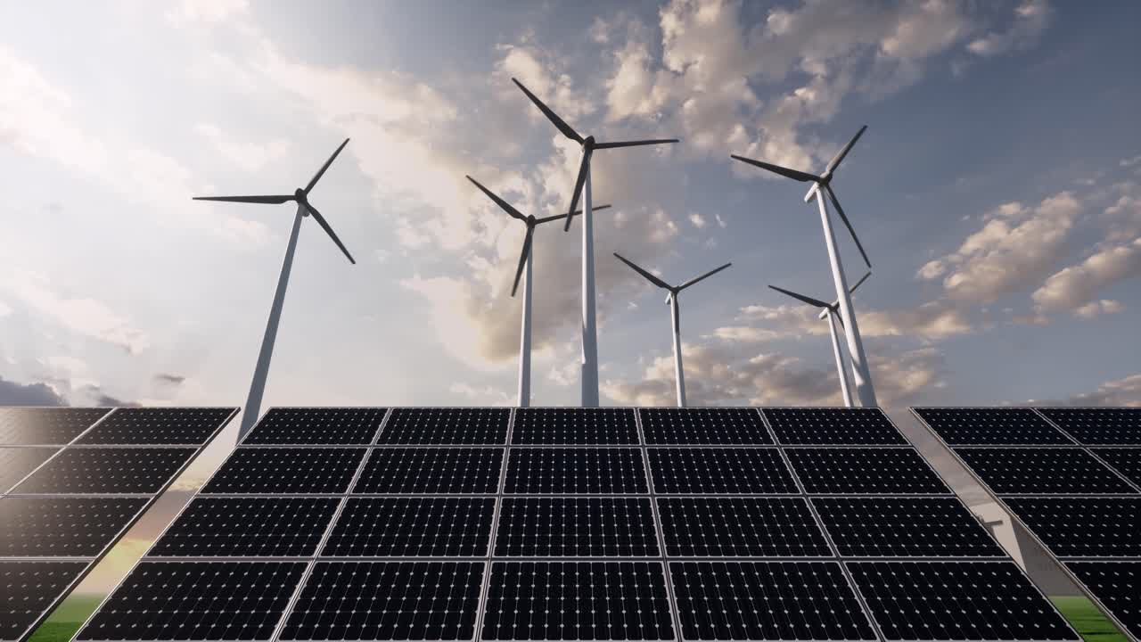 3d Wind farm with green field in the background. Alternative renewable energy generation. Environmental conservation concept. Realistic 3d animation Wind turbines