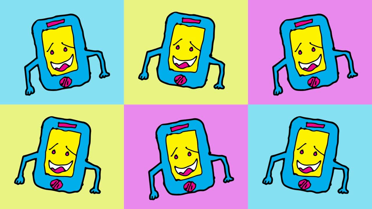 아이들이 스마트폰 테마로 팝 아트 시엄리스 배경을 그리고 있습니다.