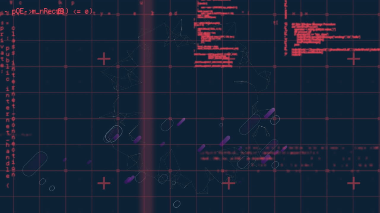 Animation of data processing and purple light trails over gird