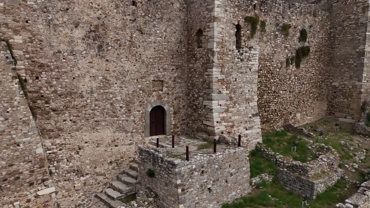 Patras Castle,Aerial view backwards from the main building of the Castle's entrance. Clouds and Kokkinovrysi mountains in the background on a cloudy day