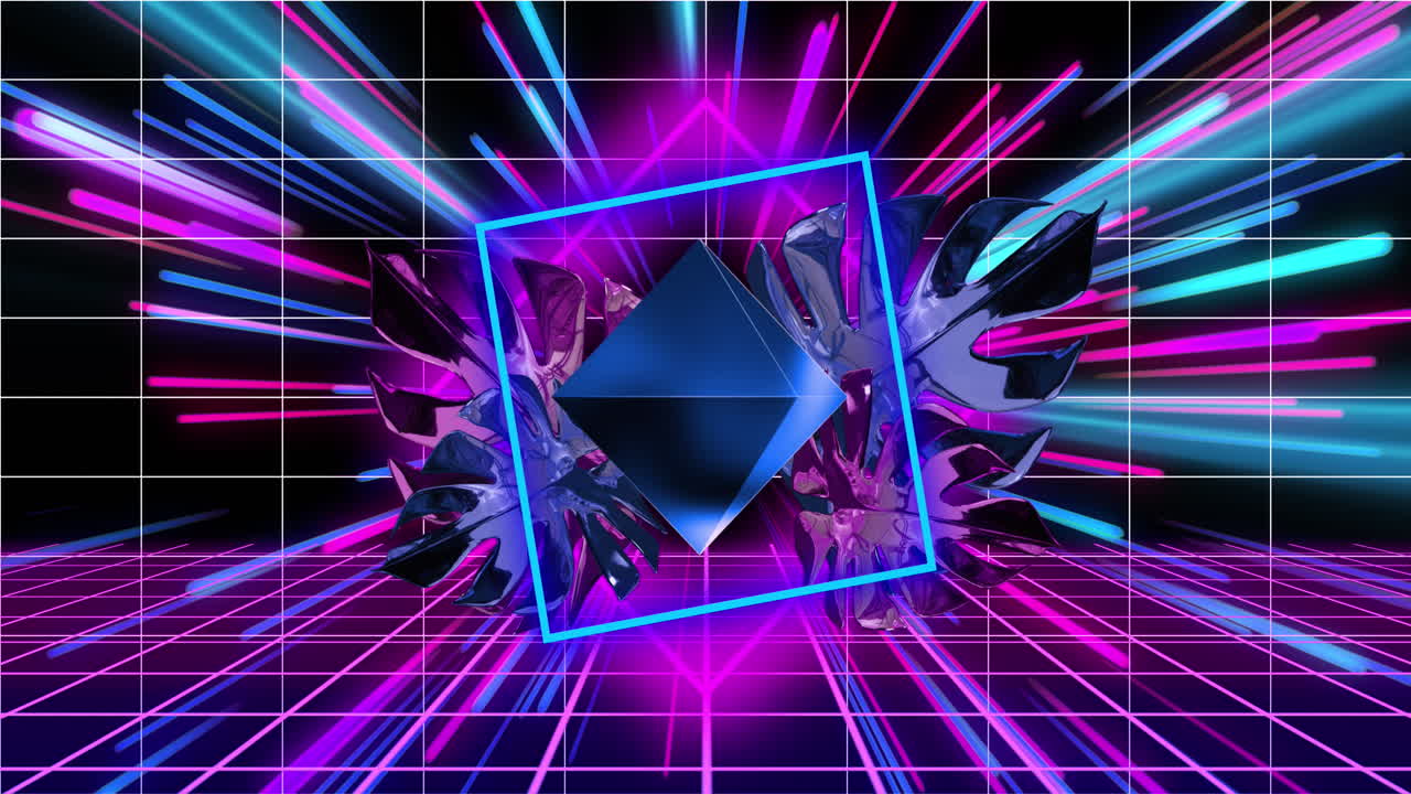 Animazione di scie al neon colorate e forme su foglie su sfondo nero.