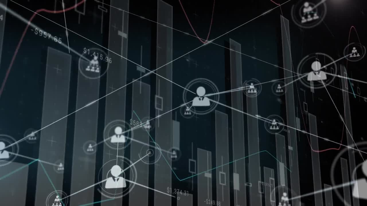 Animation of network of connections with people icons and financial data processing
