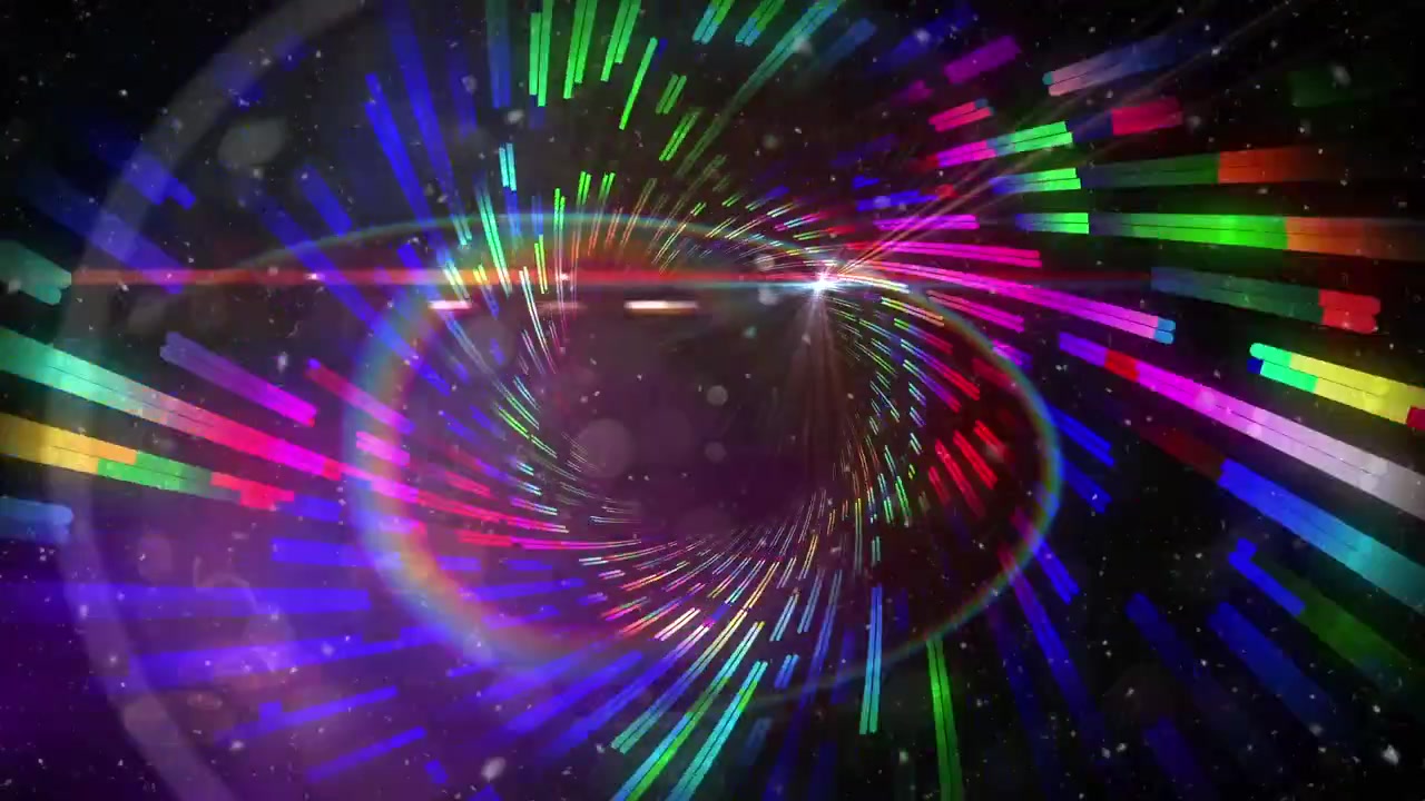 Animazione di particelle bianche che cadono su scie luminose rotanti su sfondo nero